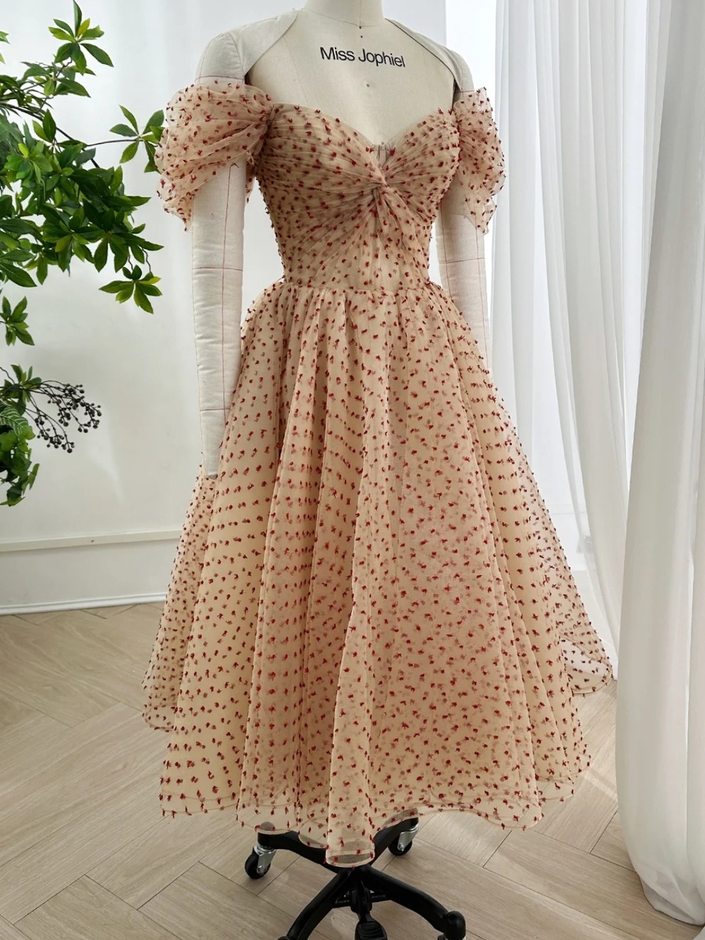 Women’s Cream Dress with Red Dot Accents